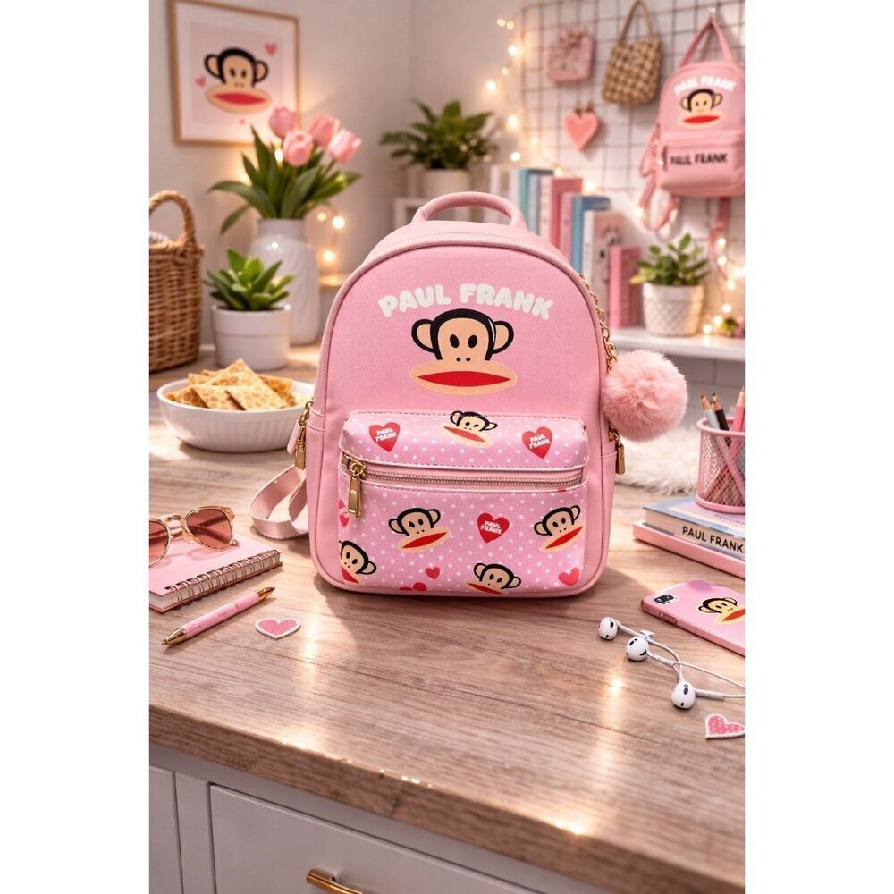 New Paul Frank Julius Monkey Mini Backpack Pink Polka Dot Y2K Kidcore Pom Pom